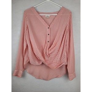 Ana Pink Stripped Long Sleeve High Low Blouse with Criss Cross Design Size M